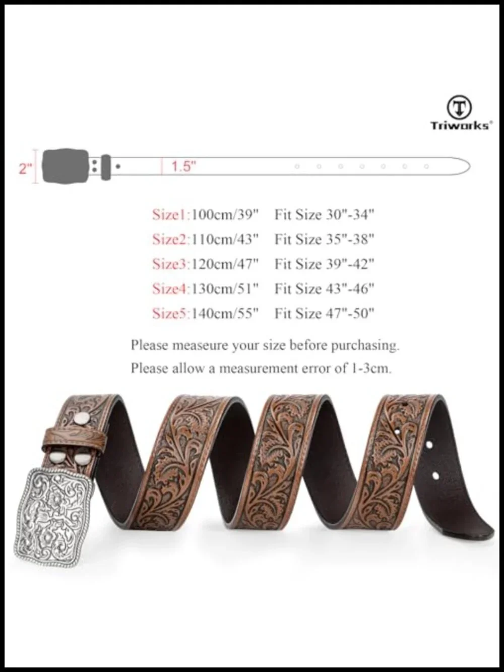 Western Leather Belt with Removable Engraved Buckle for Women Men